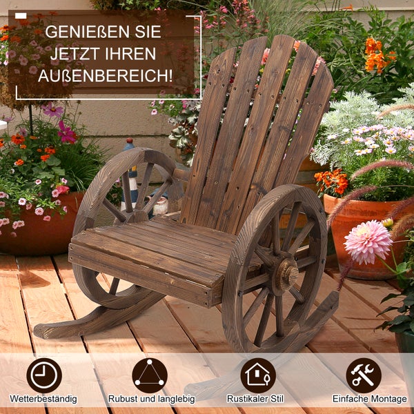 Outsunny Schaukelstuhl, Rustikaler Relaxstuhl, Gartenstuhl mit Rollen-Design, Schwingsessel, Massivholz, Dunkelbraun, 68 x 88 x 92 cm