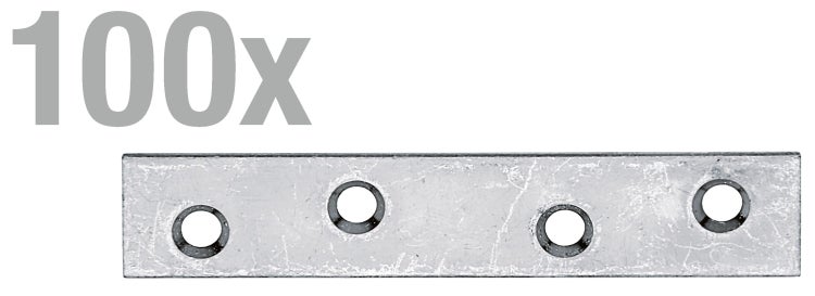 Set mit einhundert geraden Lochplatten aus Metall für Holzverbindungen.