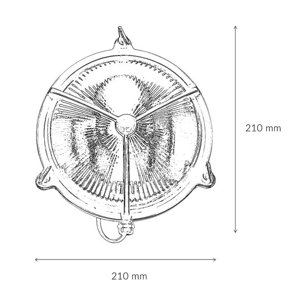 Skizze einer runden Wandleuchte mit den Maßen 210 mm x 210 mm