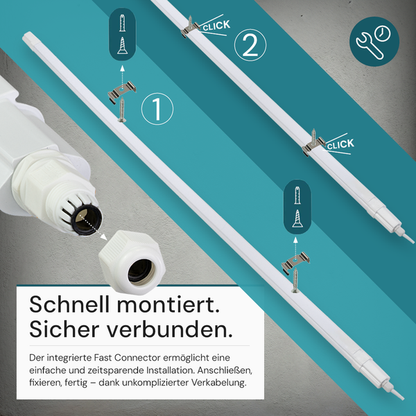 Montage einer LED-Feuchtraumleuchte mit Schnellmontage-System und Fast Connector für eine zeitsparende Installation und sichere Verbindung.