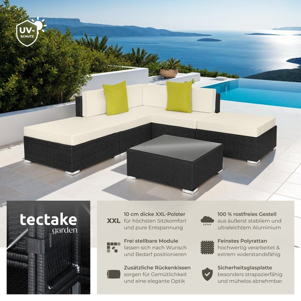 Rattan Lounge tectake Paris mit Sicherheitsglasplatte mit Aluminiumgestell schwarz