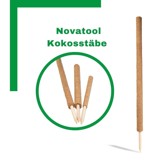 Novatool Kokosstäbe zur Pflanzenstützung mit Holzspitze in verschiedenen Größen.