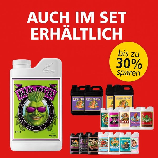 Verschiedene Flaschen mit Flüssigdünger der Marke Advanced Nutrients, erhältlich im Set mit bis zu 30 Prozent Ersparnis.