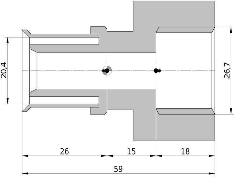 Technische Zeichnung Rohrverbinder im Querschnitt mit Maßangaben 20,4, 26,7, 26, 15, 18 und Gesamtlänge 59