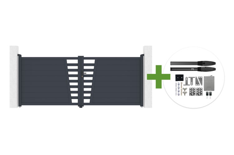 Modernes Doppelflügeltor in Anthrazit mit waagerechten Lamellen und elektrischem Torantrieb-Set inklusive Motoren und Fernbedienungen.
