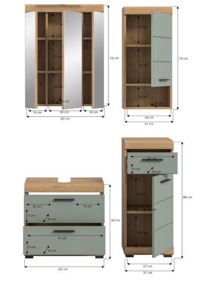Vier Badezimmermöbel in Holzoptik mit Maßangaben in Zentimeter: Spiegelschrank, Hochschrank, Waschbeckenunterschrank und Seitenschrank.