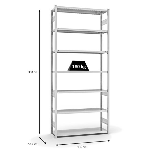 PROREGAL Fachbodenregal Stecksystem T-Profil Light-Duty Grundregal HxBxT 300 x 130 x 40 cm 7 Ebenen Fachlast 180 kg Beidseitig Nutzbar Lichtgrau