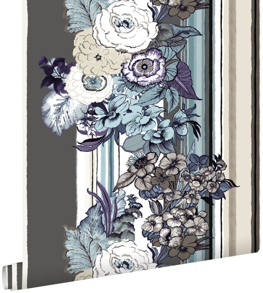 ESTAhome Tapete Blumenmuster Taupe und Dunkelviolett - 53 cm x 10.05 m - 138117
