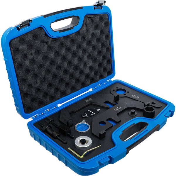 Werkzeugsatz für Motoren in einem blauen Koffer