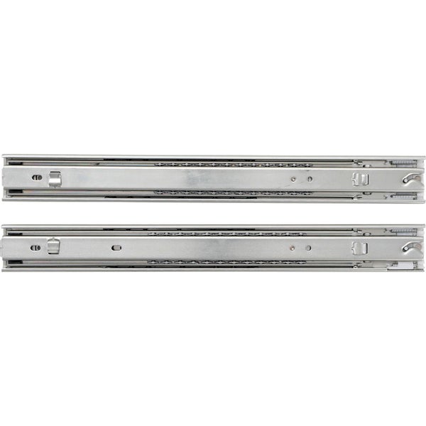 Zwei kugelgelagerte Teleskopschienen aus verzinktem Stahl für Schubladen.