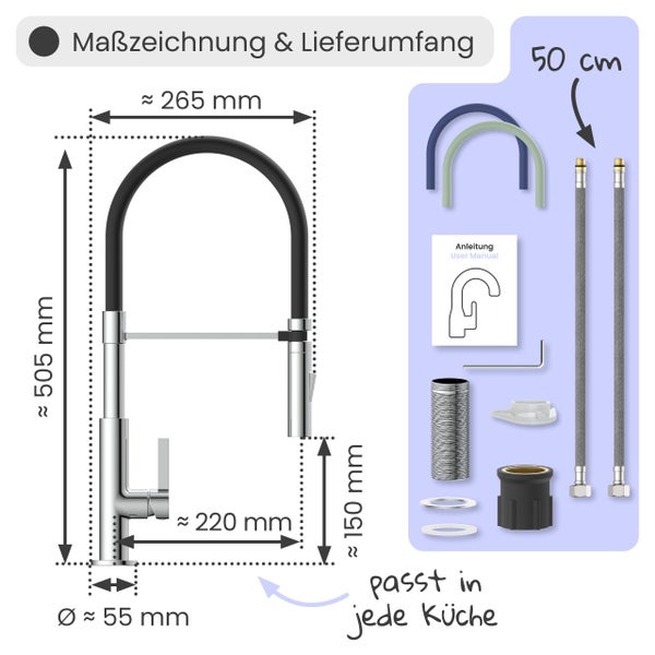 Küchenarmatur Maße: Höhe circa 505 Millimeter, Ausladung circa 220 Millimeter. Lieferumfang mit Montageset, 50 Zentimeter Schläuchen und Anleitung.