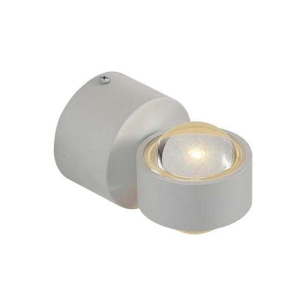 Wandleuchte aus Metall mit rundem Leuchtkopf und Glaslinse, LED-Leuchtmittel.