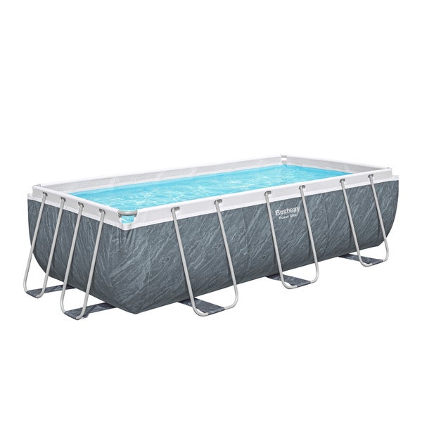 Rechteckiger Bestway Power Steel Aufstellpool mit grauem Steinmuster, robustem Stahlrahmen und blauem Wasser.