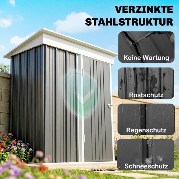 Gerätehaus aus verzinktem Stahl für den Garten mit Details zu Wartungsfreiheit, Rostschutz sowie Schutz vor Regen und Schnee.