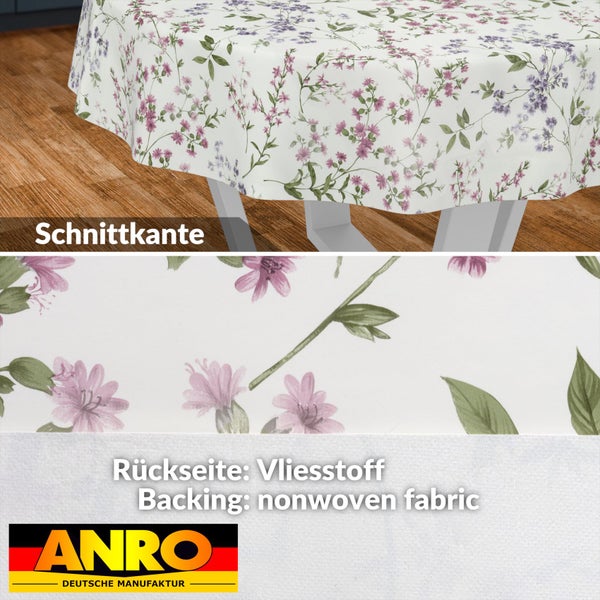 Wachstischdecke mit floralem Muster, Schnittkante und Rückseite aus Vliesstoff. ANRO Logo.