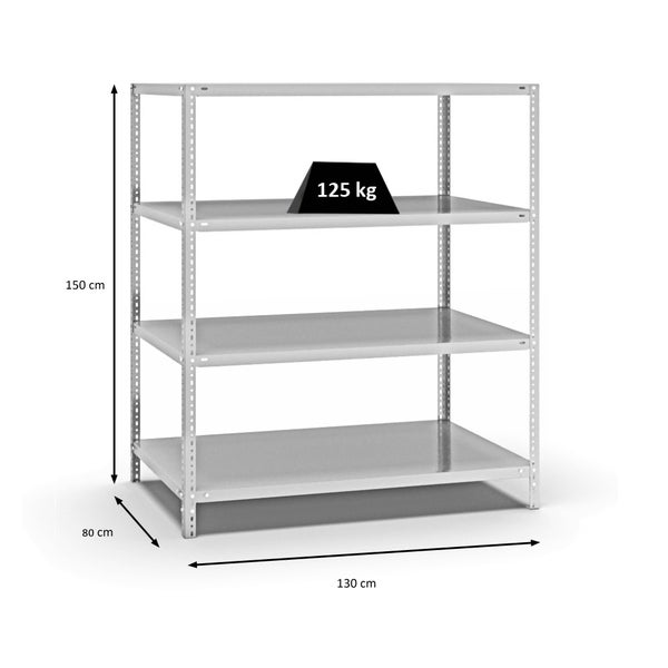 PROREGAL Fachbodenregal Schraubsystem Light-Duty Grundregal HxBxT 150 x 130 x 80 cm 4 Ebenen Fachlast 125 kg Beidseitig Nutzbar Lichtgrau