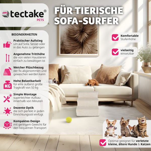 Haustiertreppe tectake Paw Path pflegeleicht, 37 x 45 x 34,5 cm für Hunde und Katzen Sand