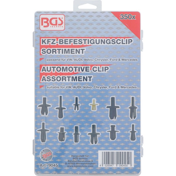 BGS KFZ-Befestigungsclip-Sortiment für VW / Audi / Volvo / Chrysler / Ford / Mercedes-Benz 350tlg. - 9045
