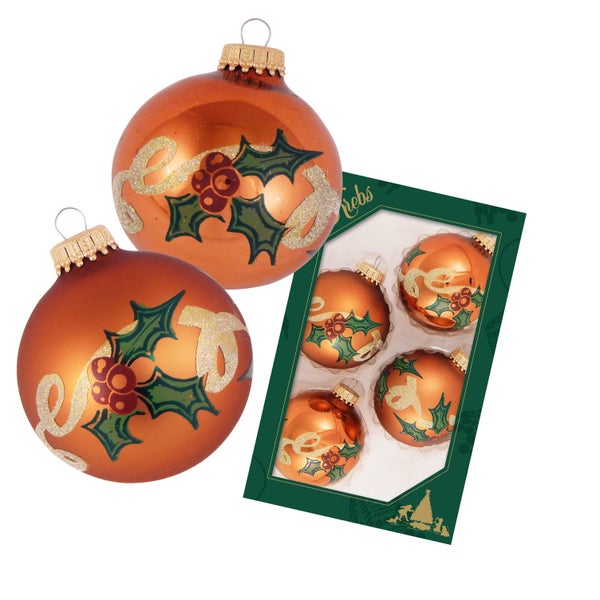 Kupfer glanz/matt 7cm Glaskugeln Banddeko Mistelzweig, 4 Stck., Weihnachtsbaumkugeln, Christbaumschmuck, Weihnachtsbaumanhänger