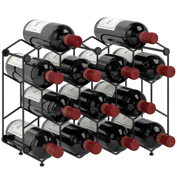 Weinregal aus schwarzem Metall für zwölf Flaschen, befüllt mit Weinflaschen mit roten Kapseln.