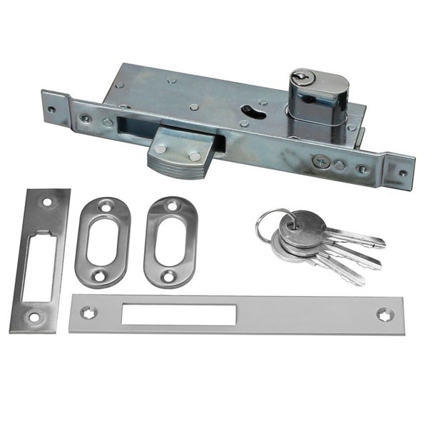 Türschloss-Set aus Metall mit Riegelschloss, Zylinder, drei Schlüsseln, zwei Schließblechen und zwei ovalen Rosetten.