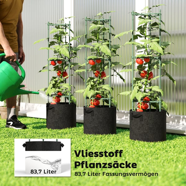 Dreier-Pack Tomatenkäfige aus Kunststoff in schwarzen Pflanzsäcken mit Tomaten, Blumen und Auberginen in einem Garten.