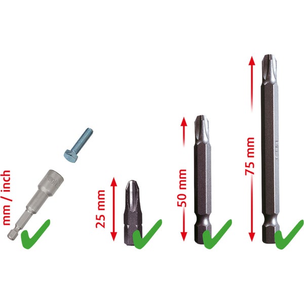 Verschiedene Schrauberbits mit Längenangaben und einem Schraubenkopf