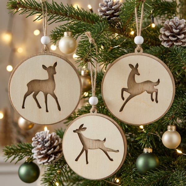 Drei runde Weihnachtsanhänger aus Holz mit Reh-Motiven hängend im Weihnachtsbaum als Weihnachtsbaumschmuck.