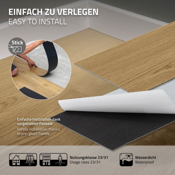 ML-Design Deluxe PVC Bodenbelag, Selbstklebende Vinyl-Dielen, Vinylboden, 91,5 cm x 15,3 cm x 2 mm, Dicke 2 mm, 6,69m²/48 Dielen, Natur Eiche, Holzoptik, rutschfest, wasserfest, Einfache Verlegung