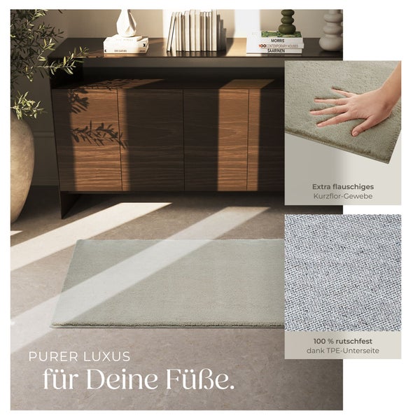 Kurzflorteppich vor einer Kommode, Detailansicht des flauschigen Flors und der 100 Prozent rutschfesten Unterseite.