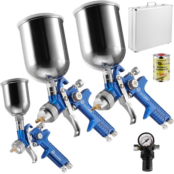HVLP-Lackierpistolen-Set tectake  inklusive Silikonentferner und Aluminiumkoffer 0,8 / 1,3 / 1,7 mm-Düse blau