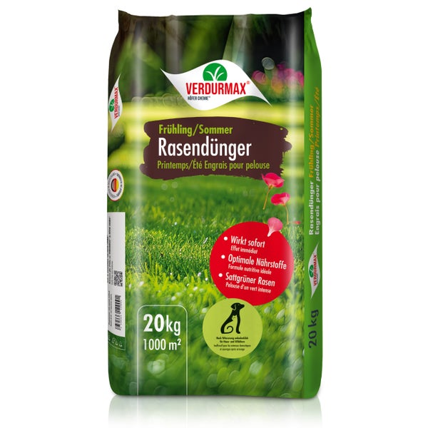 Verpackung Frühling Sommer Rasendünger von Verdurmax, 20 Kilogramm für 1000 Quadratmeter