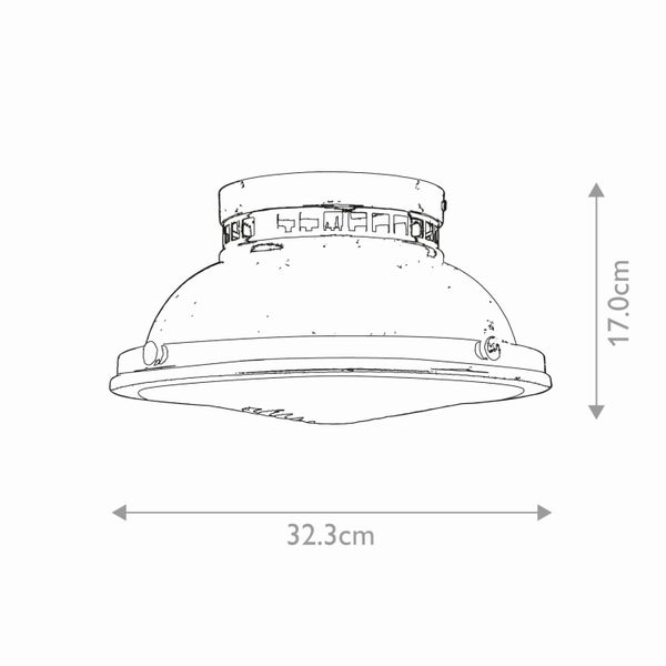 Technische Zeichnung einer Deckenleuchte mit Maßangaben: 17,0 cm Höhe, 32,3 cm Breite.