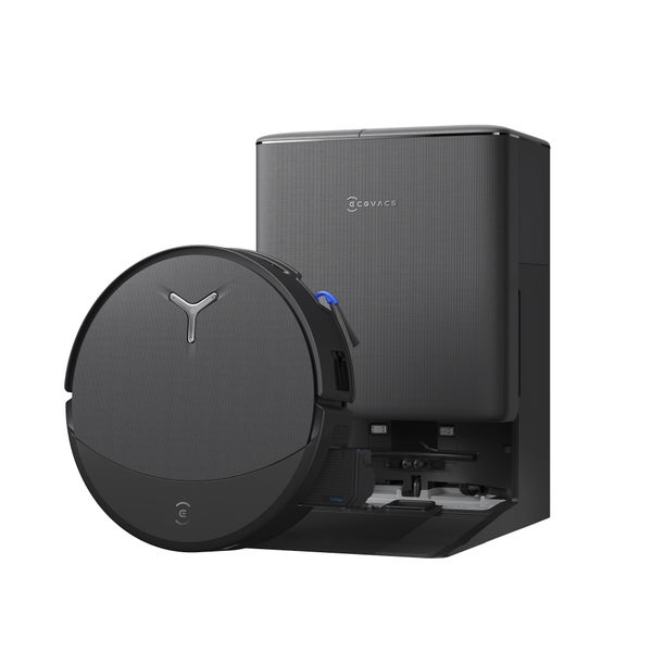 Ecovacs Saugroboter und Basisstation mit Ecovacs Logo.