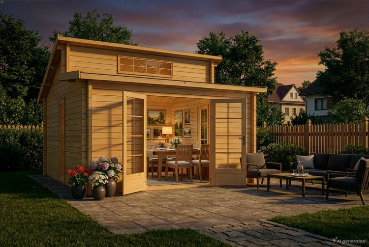 Holzgartenhaus mit Pultdach, großen Doppelflügeltüren und Terrasse mit Sitzgruppe im Garten.