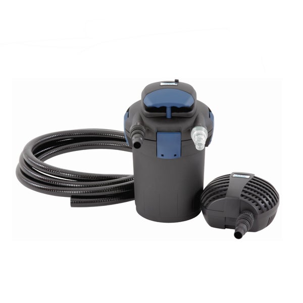 Oase Teichfilter-Set bestehend aus Druckfilter, Teichpumpe und schwarzem Spiralschlauch aus Kunststoff.