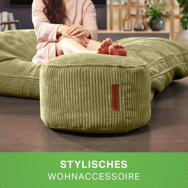 Green Bean Pouf-Kissen 45x25cm mit EPS-Perlen Füllung & Cordstoff Bodenkissen Liegekissen Sitzkissen Sitzhocker Sessel Kinder Erwachsene Stoff Hocker Ablage Grün