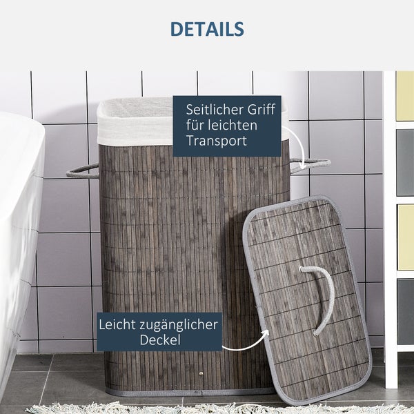 HOMCOM Bambus Wäschekorb schmal mit Deckel 83L Wäschesammler mit Griffen, herausnehmbarer Wäschesack, Laundry Baskets Wäschesortierer für Waschküche Badezimmer Schlafzimmer Grau