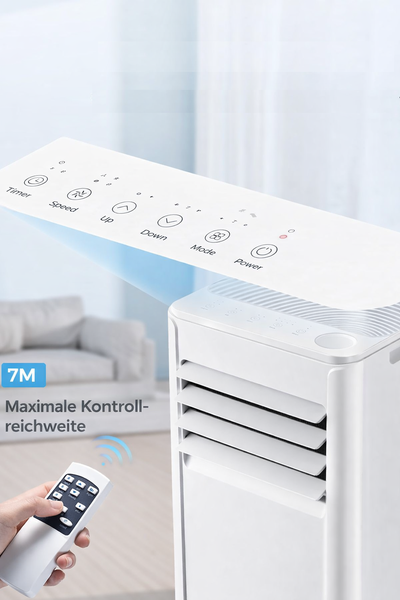 Mobiles Klimageraet mit Touch Bedienfeld an der Oberseite und Fernbedienung mit einer Reichweite von bis zu 7 Metern.