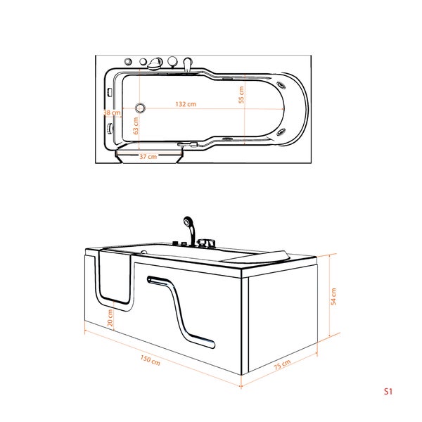 Technische Zeichnung einer Badewanne mit Tür, Abmessungen 150 x 75 x 54 cm