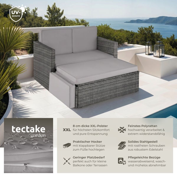 Tectake Garten-Lounge-Set aus Polyrattan mit Polstern, ausziehbarem Hocker, UV-Schutz und wasserabweisenden Bezügen auf einer hellen Terrasse.