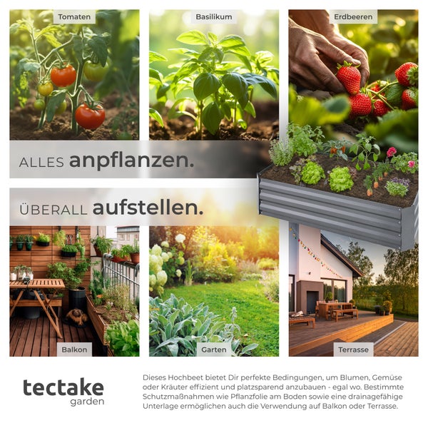 Hochbeet von Tectake im Einsatz auf Balkon, Terrasse und im Garten mit Tomaten, Basilikum und Erdbeeren.