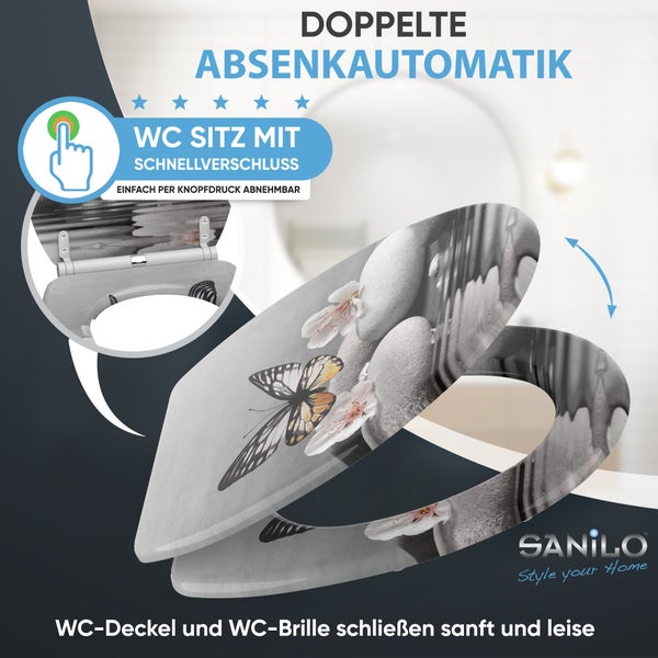 WC-Sitz mit Schmetterlings- und Stein-Motiv, doppelter Absenkautomatik und Schnellverschluss