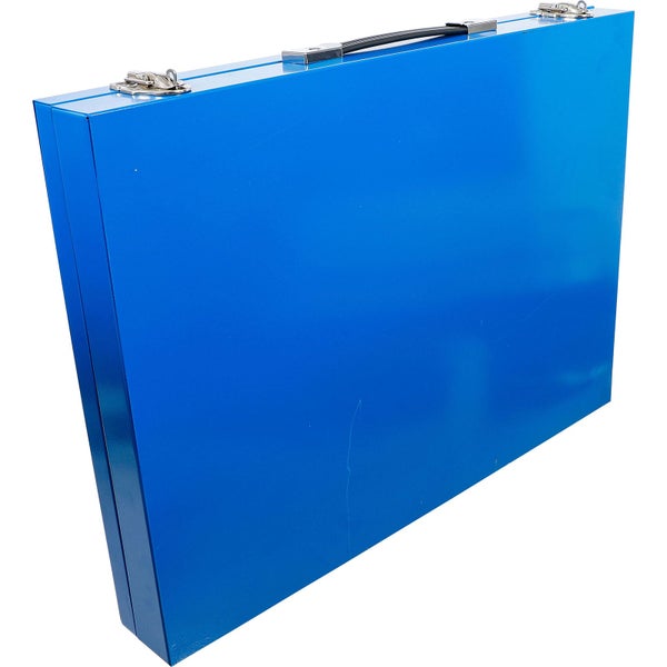 Blauer Zeichenkoffer mit Griff und Verschluss