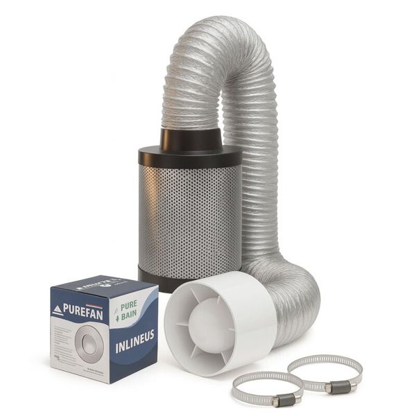 Lüftungsset mit Aktivkohlefilter, flexiblem Aluminiumschlauch, weißem Rohrventilator, zwei Schlauchschellen und Verpackung mit Purefan Logo.