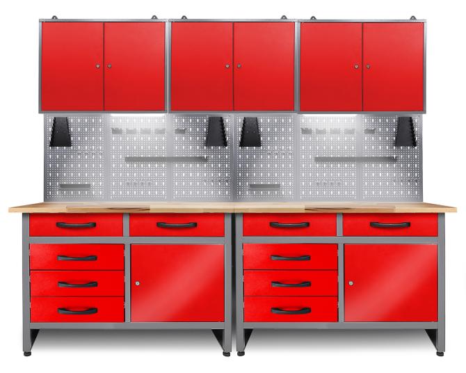 Werkbank mit Schubladen, Schränken und Lochwand