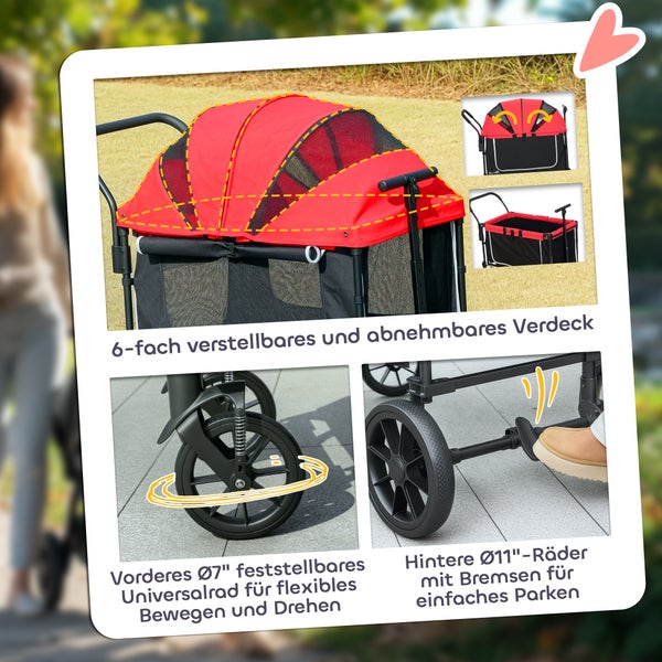 Detailansicht eines Bollerwagens mit verstellbarem Verdeck, feststellbarem Vorderrad und Hinterrädern mit Bremsen