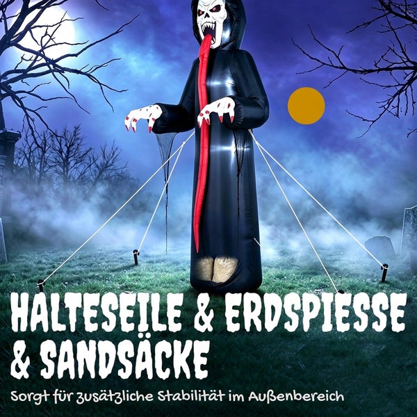 Aufblasbarer Halloween Sensenmann mit Halteseilen, Erdspießen und Sandsäcken zur Befestigung im Außenbereich für zusätzliche Stabilität.