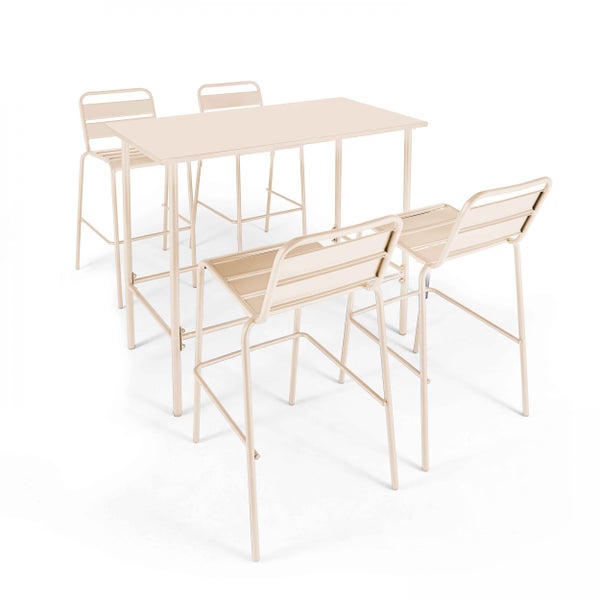 Modernes Stehtisch-Set aus Metall bestehend aus einem rechteckigen Tisch und vier Barhockern mit Rückenlehne.