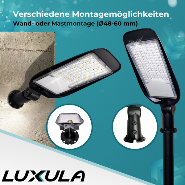 Verschiedene Montagemöglichkeiten der Luxula LED-Außenleuchte für Wand oder Mast.